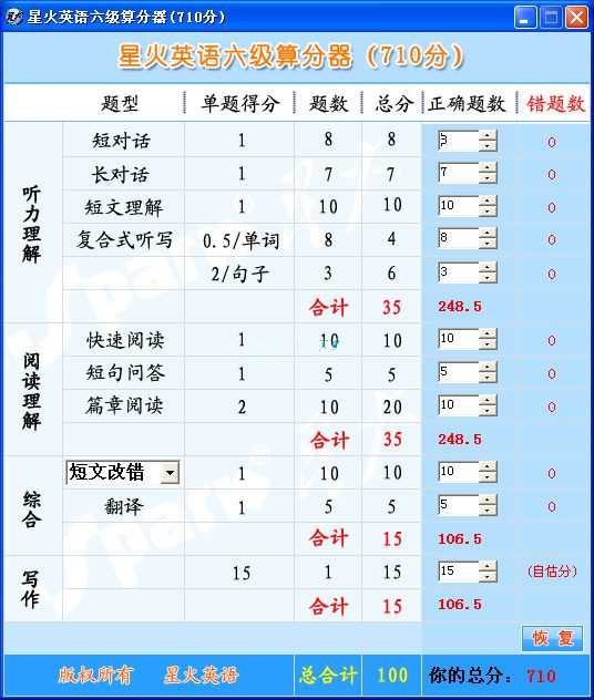 星火大学英语六级算分器