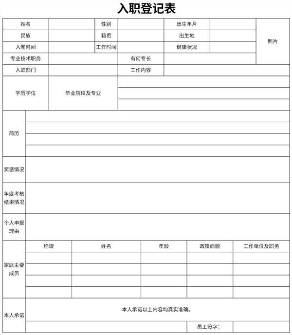 新员工入职登记表模板