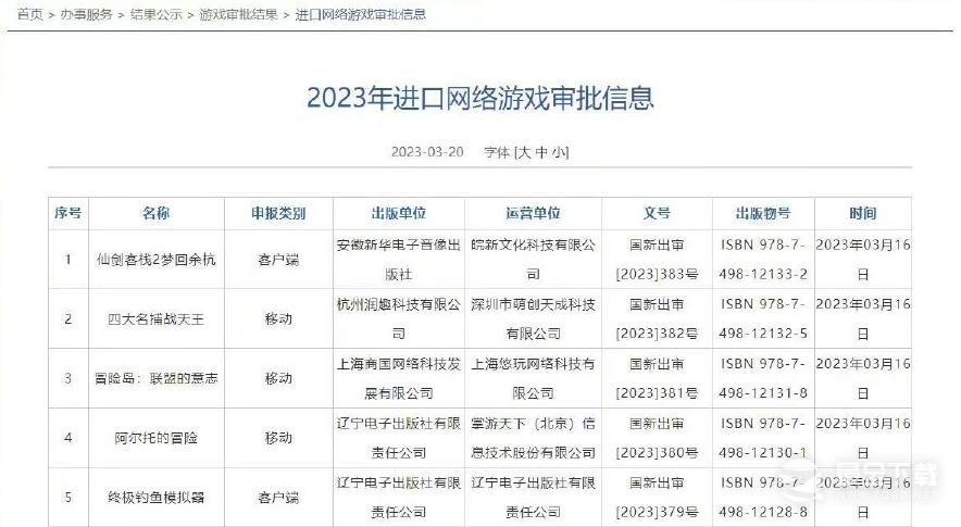 2023年3月版号过审游戏一览